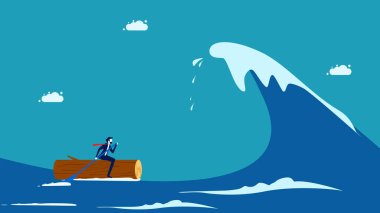 Overcome the crisis. Business leaders overcome the ocean waves. vector illustration