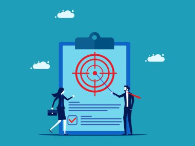 Çalışmanın kapsamını belirle. İş adamı hedefler ve planlar sunar. vektör çizimi