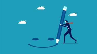 Olumlu düşünmeye çalış. İş adamı gülen surat çiziyor. iş konsepti vektör illüstrasyonu