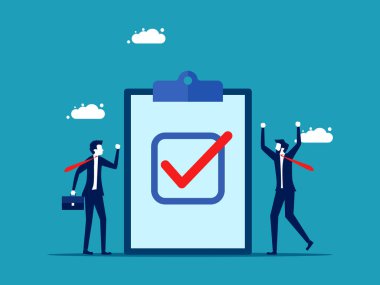 Başarılı proje tamamlandı. İş adamları başarıyla mutlu olur. vektör 