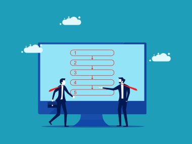 İş akışını ayır. Bir işadamı monitör vektöründe sıralı bir iş taslağı sunar