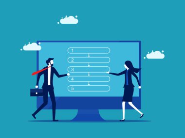 İş akışını ayır. Bir iş kadını monitör vektöründe sıralı bir iş taslağı sunar