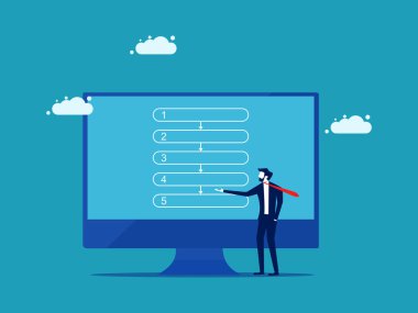 İş akışını ayır. Bir işadamı monitör vektöründe sıralı bir iş taslağı sunar