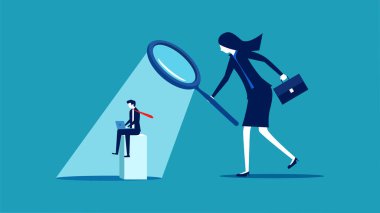 Supervise work. Managers use a magnifying glass to see employees at work vector