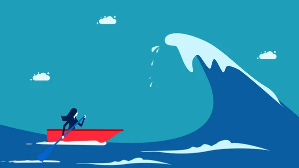 Overcome Crisis Female Business Leaders Overcome Ocean Waves Vector Illustration — Vetor de Stock