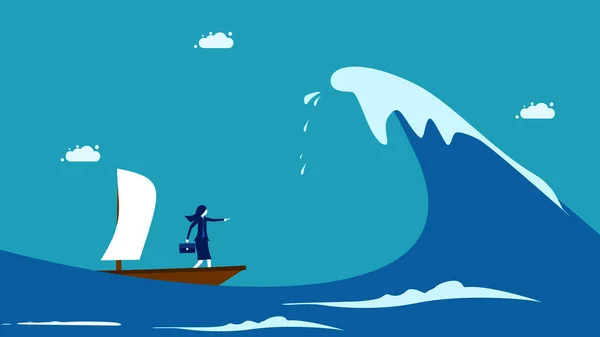 Overcome Crisis Female Business Leaders Overcome Ocean Waves Vector Illustration — Stok Vektör