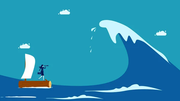 Overcome Crisis Female Business Leaders Overcome Ocean Waves Vector Illustration — Vetor de Stock