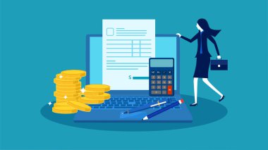 İnternetten kazanıp para ödüyorum. Bilgisayarlı ve para yığını vektörlü iş kadını