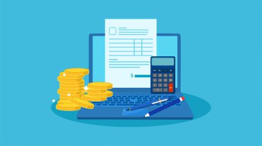 Paranı al ve internetten öde. Laptop bilgisayarlar ve yığınla para. vektör illüstrasyonu