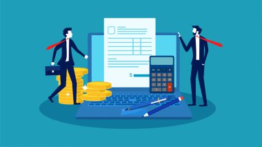 Earning and paying online. businessman standing with computer and pile of money vector