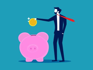 Save money. Businessman put money in a piggy bank. vector illustration