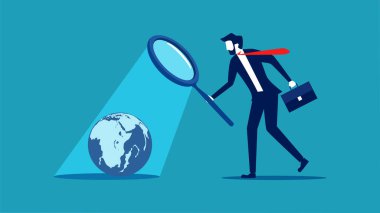 Analyze the world. Businessman looking at the world with a magnifying glass vector