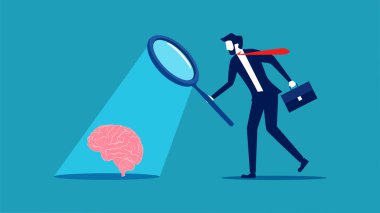 Beyni analiz et. İş adamı büyüteçle insan beynine bakıyor.