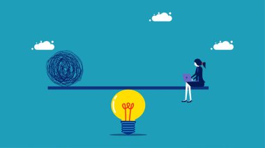 Kaosu çöz. İş kadını yaratıcılığını sorunları çözmek için kullanır. vektör illüstrasyonu