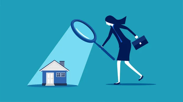 Analyse Immobilière Femme Affaires Regardant Maison Avec Vecteur Loupe — Image vectorielle