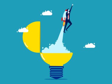 Creativity. Businessman with rocket flying out of light bulb. vector. illustration