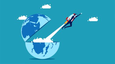 out of the original world. Businessman with a rocket flying out of the world vector