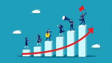 Develop a business to grow. A team of business people working on improving the bar graph vector