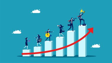 Develop a business to grow. A team of business people working on improving the bar graph vector