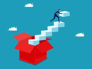 Think outside the box and develop yourself. A businessman builds a ladder out of a box. vector