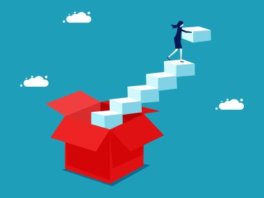 Think outside the box and develop yourself. A businesswoman builds a ladder out of a box. vector