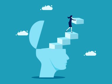 Idea development. A businesswoman builds a ladder out of a mock head. vector illustration