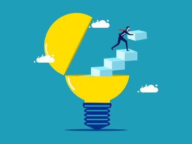 Idea development. A businessman builds a ladder to get out of a light bulb. business vector