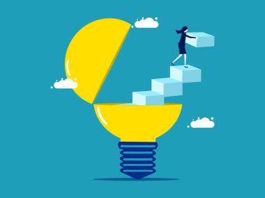 Idea development. A businesswoman builds a ladder to get out of a light bulb. business concept vector