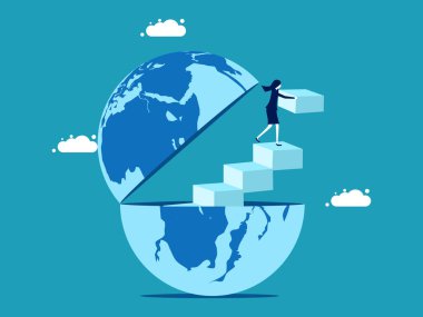 open the world to develop yourself. A businesswoman builds a ladder to get out of the world. vector