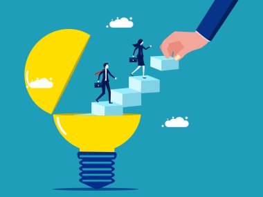 New creativity. businessman walks out of an idea lamp with a ladder. vector illustration