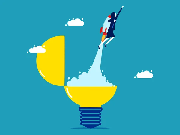 Creativity Businesswoman Rocket Flying Out Light Bulb Vector Illustration —  Vetores de Stock