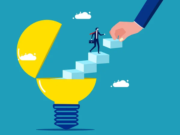 New Creativity Businessman Walks Out Idea Lamp Ladder Vector Illustration — Stockvektor