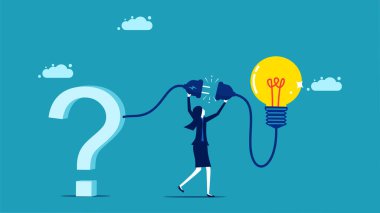 problem solving and creativity. businesswoman connects a question mark to a light bulb vector
