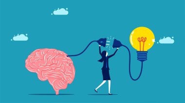 problem solving and creativity. Businesswoman connecting light bulb to brain vector