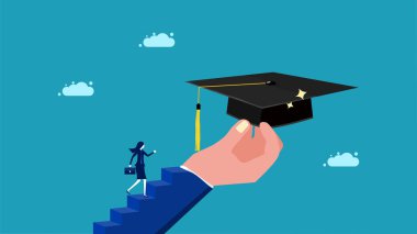 Inspiration for success in learning. businesswoman going up the stairs holding a graduation cap vector