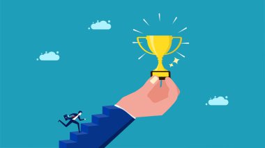 Inspiration for success. a businessman going up the stairs with a hand holding a trophy vector