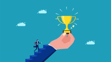 Inspiration for success. a businessman going up the stairs with a hand holding a trophy vector