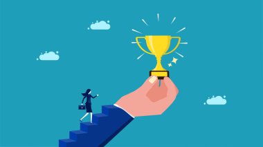 Inspiration for success. a businesswoman going up the stairs with a hand holding a trophy vector