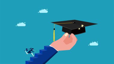 Inspiration for success in learning. businesswoman going up the stairs holding a graduation cap vector