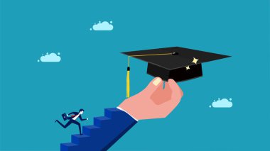 Inspiration for success in learning. businessman going up the stairs holding a graduation cap vector