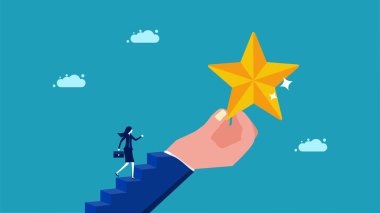 Inspiration for excellence. businesswoman going up the stairs holding a star vector
