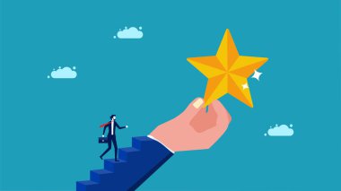 Inspiration for excellence. businessman going up the stairs holding a star vector