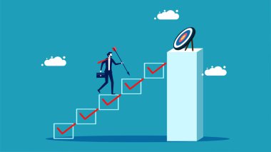 The development process. a businessman walking up the stairs towards a goal vector
