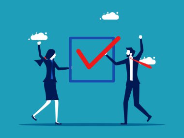 Job checklist. Concept of successful work. Complete task. businessman holding a check mark vector