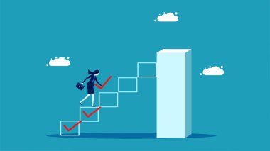 Progress towards success. Businesswoman checking list of completed tasks vector