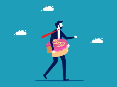 Profit sharing or benefits. businessman holding a money cake. vector illustration