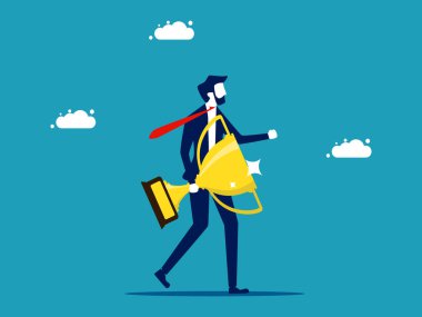 Business excellence. Businessman holding a trophy. business concept vector illustration