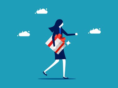 Get a bonus. businesswoman holds a gift box. business concept vector illustration