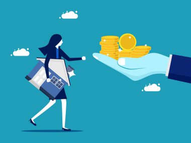 Buy real estate. Businesswoman selling houses. business concept vector illustration