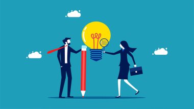 businesswoman with a magnifying glass analyzes the idea of a light bulb. vector illustration